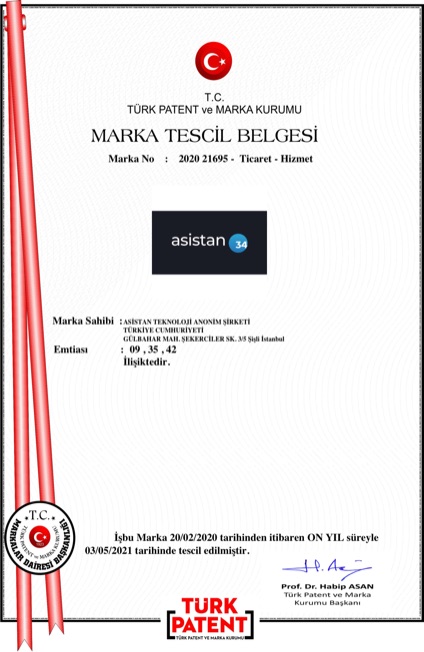 Asistan34 trademark registration certificate, TÜRKPATENT No: 2020/21695, owned by Asistan Teknoloji A.Ş.